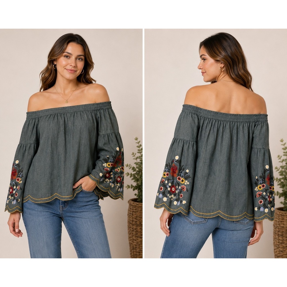 Umgee Bardot Off the Shoulder Top S Embroidered Floral Bell Sleeve Peasant Green